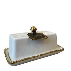 Baroque Covered Butter Dish 7in White Ceramic w/ Gold Beaded Trim Glam NEW